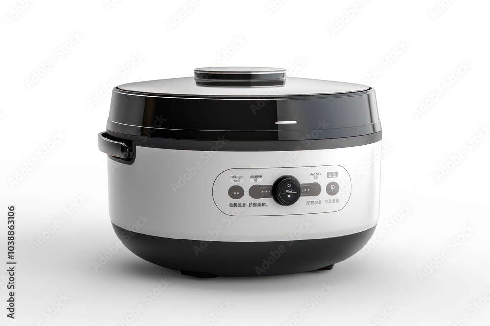 Obraz premium Modern rice cooker with a digital control panel isolated on white background