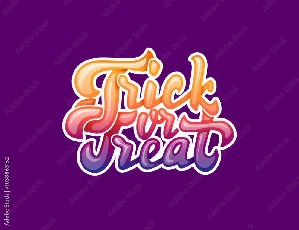 Stylized bold, curvy and playful Trick or Treat lettering design in bright colors with white outline Stylized bold, curvy and playful Trick or Treat lettering design in bright colors with white outline