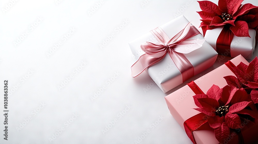 A close-up of two gift boxes with poinsettias placed on the box's lid and on the base A close-up of two gift boxes with poinsettias placed on the box's lid and on the base