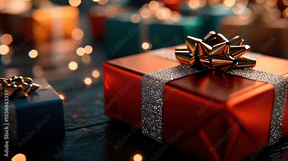 A close-up of a gift box with a ribbon on it and a bow on top A close-up of a gift box with a ribbon on it and a bow on top