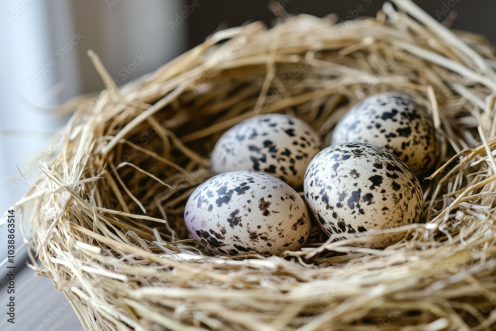 Eggs of quail in a nest of straw Eggs of quail in a nest of straw