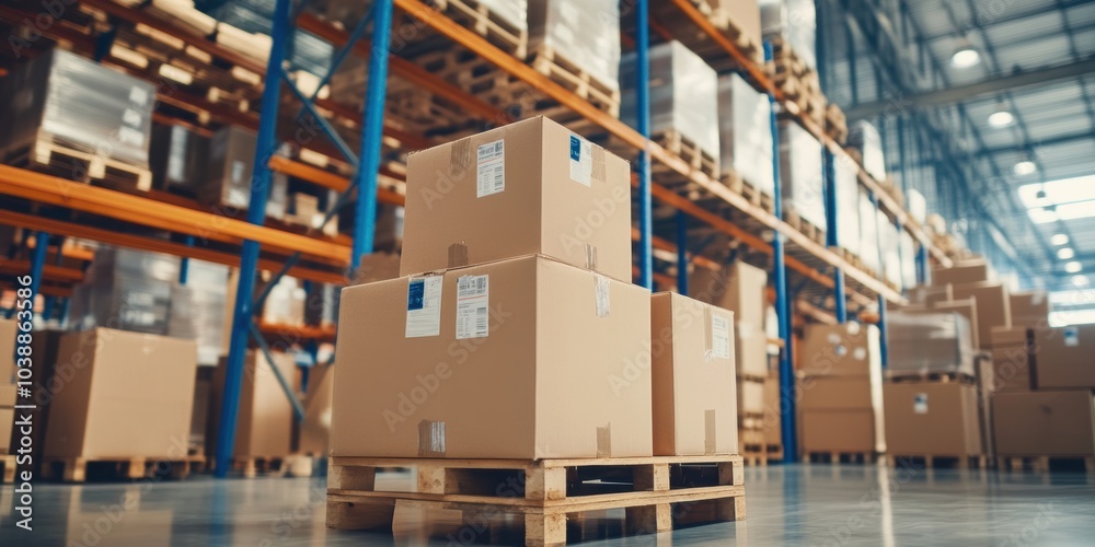 Boxes stacked on a pallet in a warehouse with pallets in the background - Industrial Boxes stacked on a pallet in a warehouse with pallets in the background - Industrial