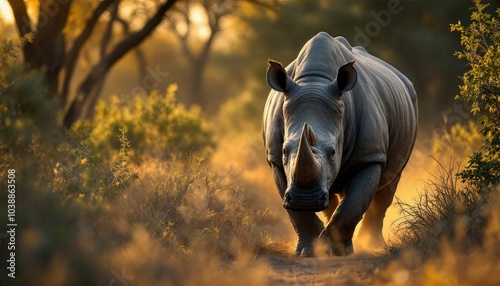 Le rhinocéros trace son chemin à travers les herbes, sa peau épaisse et rugueuse en parfait contraste avec la douceur du paysage.