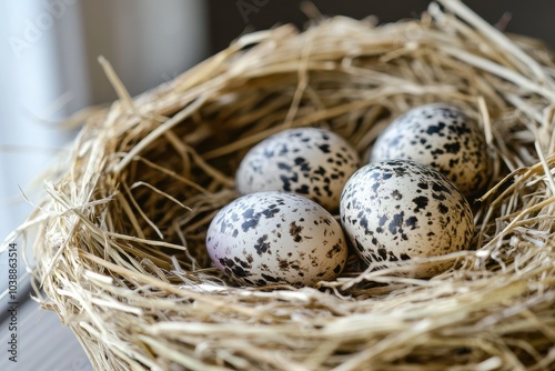 Eggs of quail in a nest of straw photo