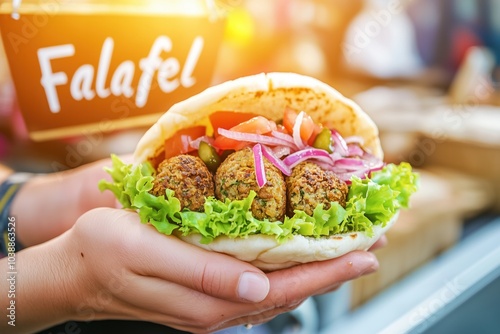 A person enjoying a falafel wrap filled with fresh vegetables at a bustling food market during a sunny day photo