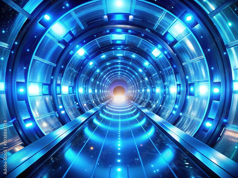 A seamless blue tunnel serves as a sci-fi backdrop, exploring the intersection of technology and symbiotic concepts in organic biotechnology and its future possibilities.