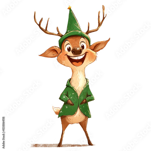 Reindeer in a festive green hat and scarf on a transparent background. Christmas character, holiday design, winter fashion, joyful vibes, seasonal fun, reindeer illustration, holiday outfit. photo