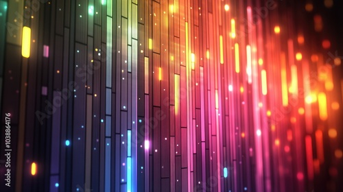 Glowing vertical lines and particles in a virtual space create an abstract background