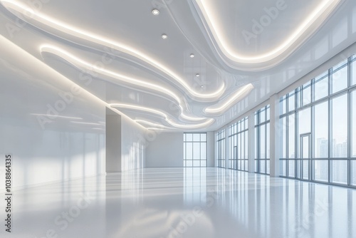 Empty room in an apartment or house featuring a drywall structure halogen spotlights and a white stretch ceiling with a complex design photo