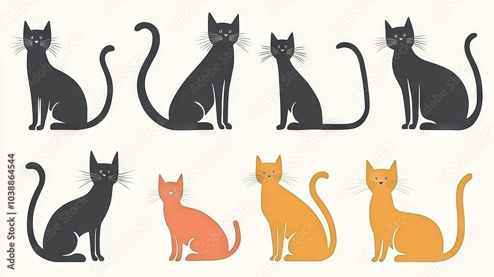 A cluster of feline companions lounging together on a pristine white platform, featuring a striking black-orange duo A cluster of feline companions lounging together on a pristine white platform, featuring a striking black-orange duo