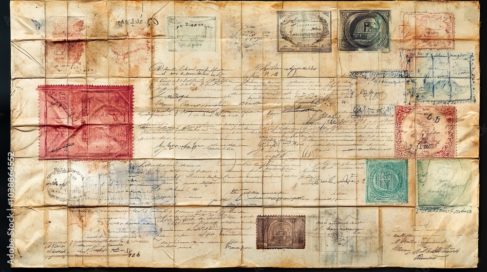 Fototapeta premium This vintage parchment features handwritten notes and old stamps