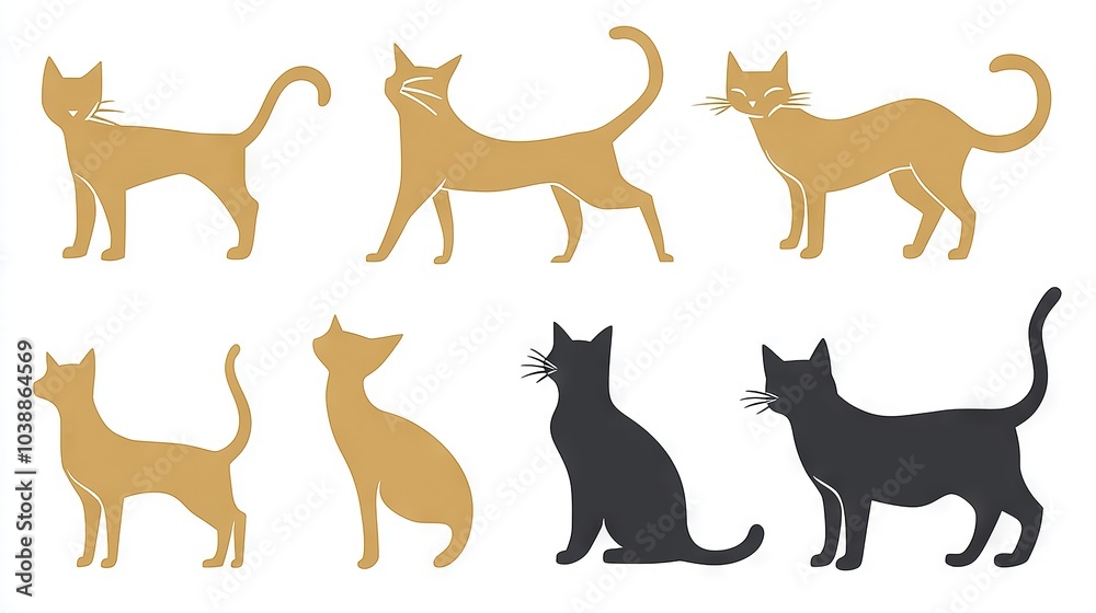 A group of cats on a white surface with orange and black silhouettes A group of cats on a white surface with orange and black silhouettes