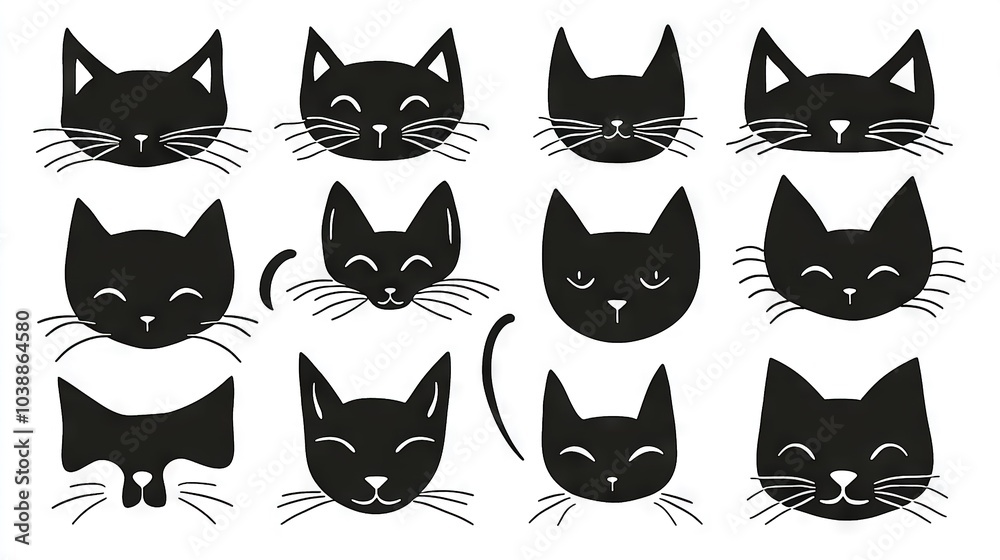 Nine black cats' heads at varying angles with diverse eye placement, ear orientation, and nose direction Nine black cats' heads at varying angles with diverse eye placement, ear orientation, and nose direction
