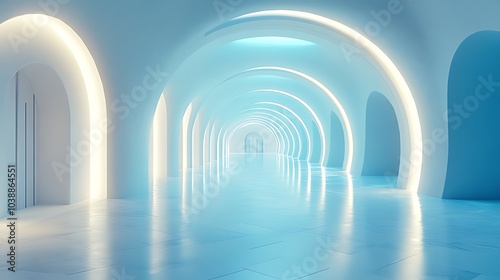 A futuristic hallway with arched doorways and glowing blue lights.