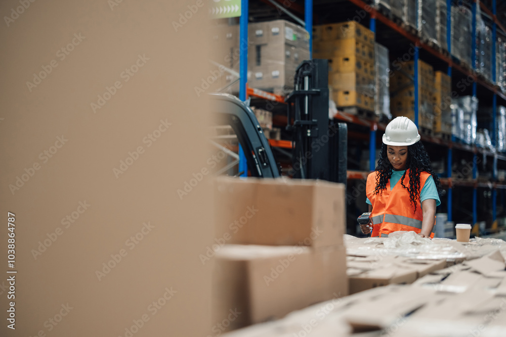 Female warehouse worker scanning barcodes on packages Female warehouse worker scanning barcodes on packages
