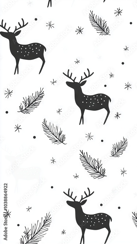 Obraz premium A monochromatic image featuring a deer with antlers on its back and snowflakes falling from the sky behind it