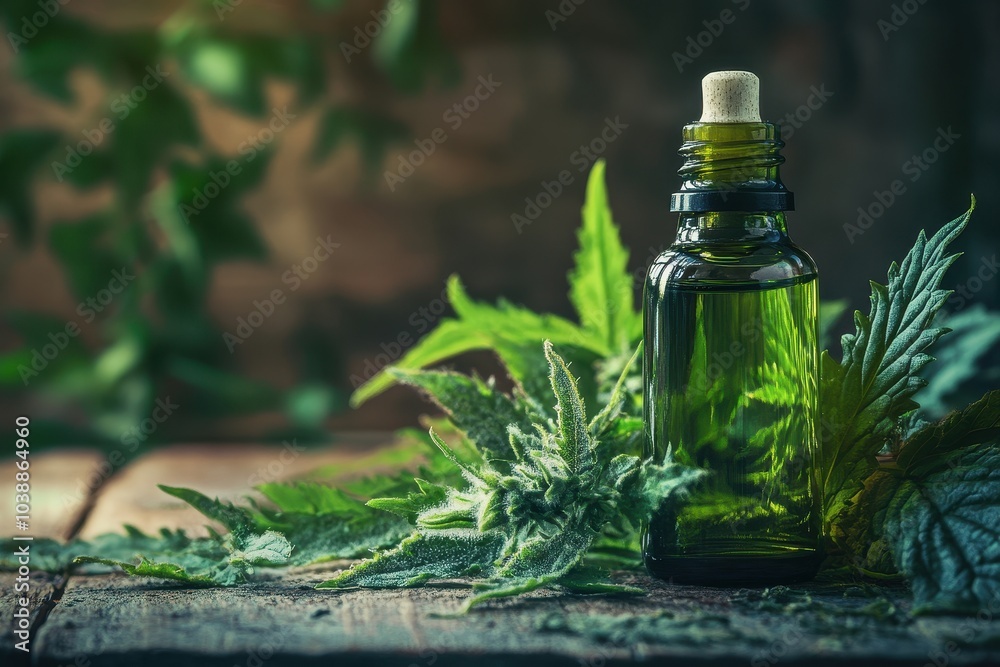 Essential oil of stinging nettle Urtica Dioica for spa treatments herbal healing and alternative medicine rustic wooden backdrop Essential oil of stinging nettle Urtica Dioica for spa treatments herbal healing and alternative medicine rustic wooden backdrop