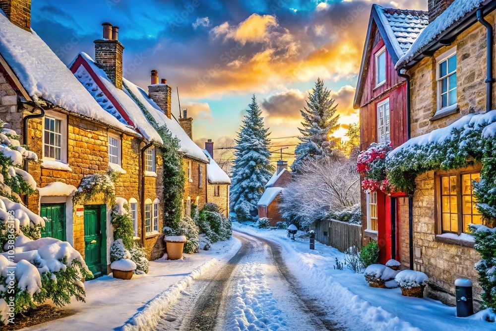 Fototapeta premium A tranquil village street blanketed in snow, cozy cottages adorned with twinkling lights, and gentle flurries create a picturesque winter wonderland perfect for the holidays.