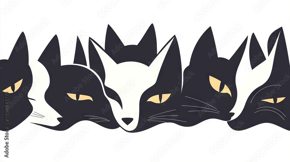 Obraz premium A group of cats with yellow eyes on a white background with a border of the same, depicted in black and white