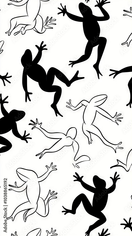 A black and white frog silhouette jumps in the air on a white background, framed by a black outline A black and white frog silhouette jumps in the air on a white background, framed by a black outline