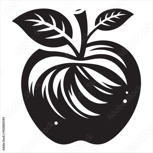 An illustration of a black apple with leaves in black and white