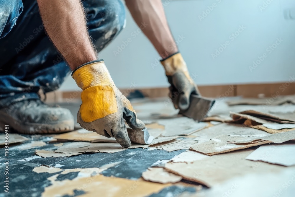 Expert contractor replacing outdated linoleum flooring renovation idea Expert contractor replacing outdated linoleum flooring renovation idea
