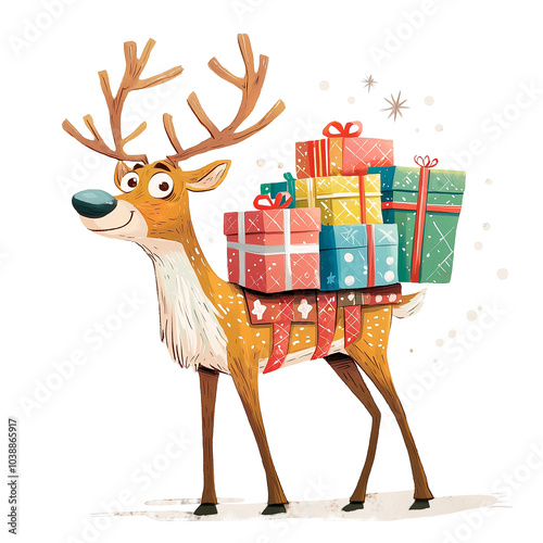 Reindeer carrying Christmas gifts on a transparent background. Holiday character, festive season, gift delivery, Christmas illustration, winter vibes, reindeer with presents, holiday joy. photo