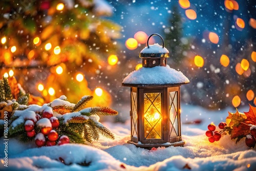 A winter lantern radiates warmth among snow-blanketed leaves and gently falling snowflakes, all set against a backdrop of shimmering, blurred festive lights.