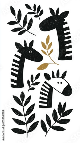 Wallpaper Mural   Black-and-white illustration of giraffes, foliage, and a twig against a white backdrop Torontodigital.ca