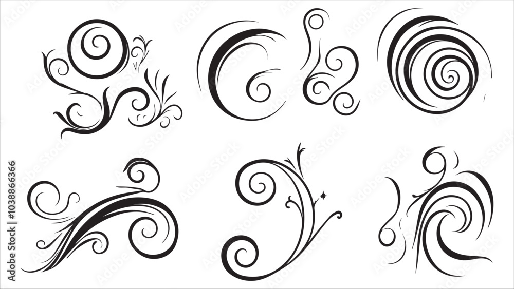 Set of vector black swirls on a white background, Set of vector black swirls on a white background,