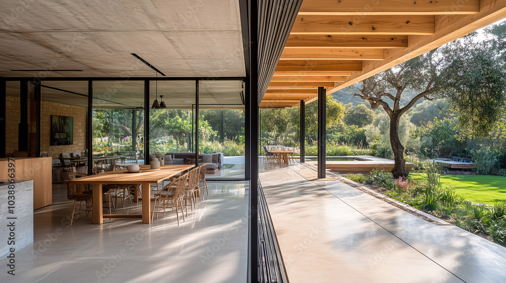 Open-plan room with a seamless transition between the living and dining areas, featuring minimalist furniture and light wood accents Open-plan room with a seamless transition between the living and dining areas, featuring minimalist furniture and light wood accents