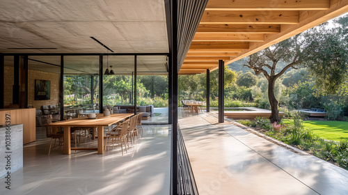 Open-plan room with a seamless transition between the living and dining areas, featuring minimalist furniture and light wood accents