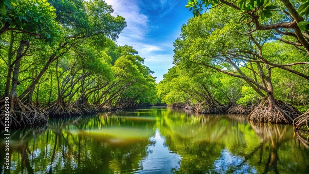 An aerial perspective captures the vibrant canopy of a dense mangrove forest, highlighting its critical ecosystem and stunning greenery, perfect for nature enthusiasts. An aerial perspective captures the vibrant canopy of a dense mangrove forest, highlighting its critical ecosystem and stunning greenery, perfect for nature enthusiasts.