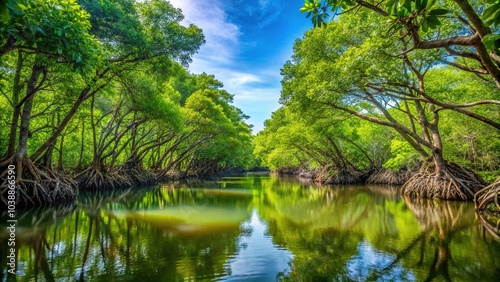An aerial perspective captures the vibrant canopy of a dense mangrove forest, highlighting its critical ecosystem and stunning greenery, perfect for nature enthusiasts.