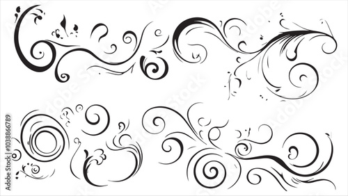 Set of vector black swirls on a white background,