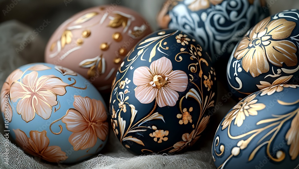 A Close-Up collection of painted Easter Eggs with floral Patterns. The eggs are of different colors and sizes and they are arranged in a way that creates a visually appealing display. AI generated A Close-Up collection of painted Easter Eggs with floral Patterns. The eggs are of different colors and sizes and they are arranged in a way that creates a visually appealing display. AI generated