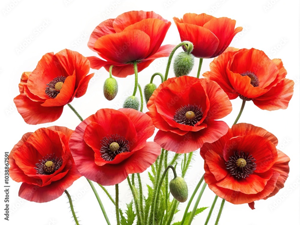 Bright red poppy flowers isolated against a white background, perfect for floral decorations and inspired nature designs that capture the essence of beauty and tranquility. Bright red poppy flowers isolated against a white background, perfect for floral decorations and inspired nature designs that capture the essence of beauty and tranquility.