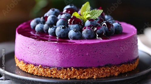  A close-up of a cake on a plate with blueberries and a green leaf on top