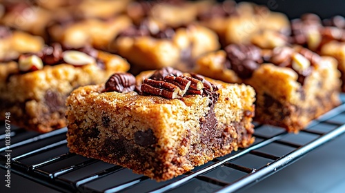  A close-up photo of a tray filled with various desserts placed on a cooling rack, topped with glistening chocolate chips and crunchy pecans