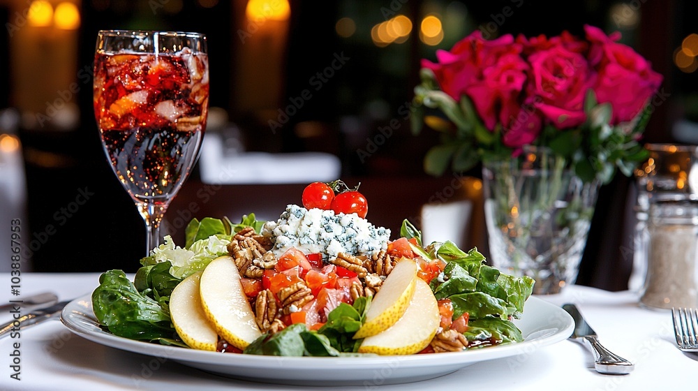 A zoomed-in image of a dish on a table, accompanied by a glass of wine and flower arrangements as background A zoomed-in image of a dish on a table, accompanied by a glass of wine and flower arrangements as background
