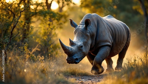 Sous un ciel d'orage, le rhinocéros poursuit son chemin, indifférent aux éléments qui grondent au-dessus de lui.