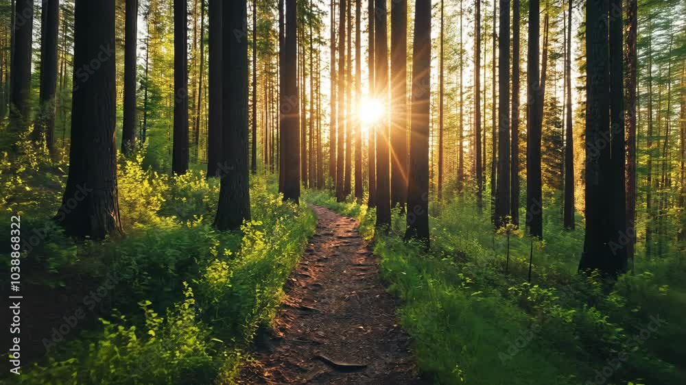 A path winds through a dense forest, sunlight filtering through the trees at sunset A path winds through a dense forest, sunlight filtering through the trees at sunset