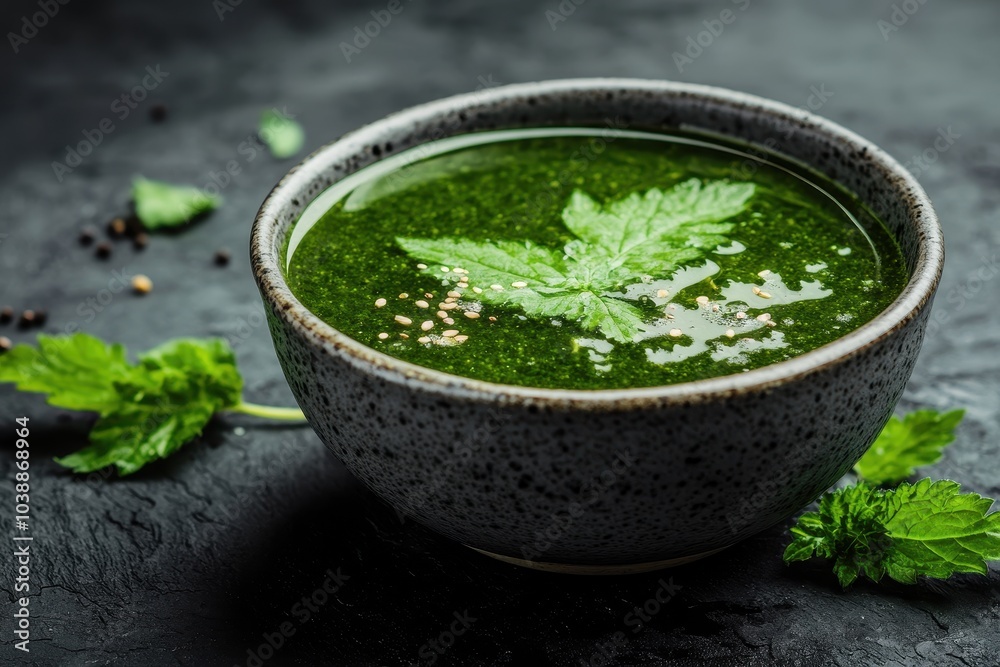 Healthy cuisine featuring nettle soup on a dark smoky table Healthy cuisine featuring nettle soup on a dark smoky table