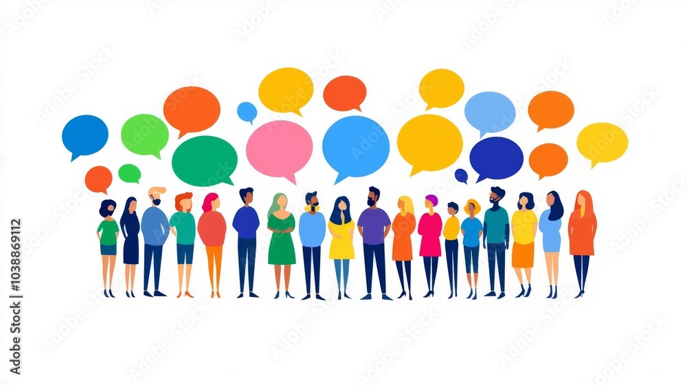 Diverse group of people engaged in conversation with colorful speech bubbles representing communication and ideas. Diverse group of people engaged in conversation with colorful speech bubbles representing communication and ideas.