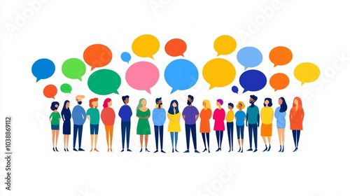 Diverse group of people engaged in conversation with colorful speech bubbles representing communication and ideas.