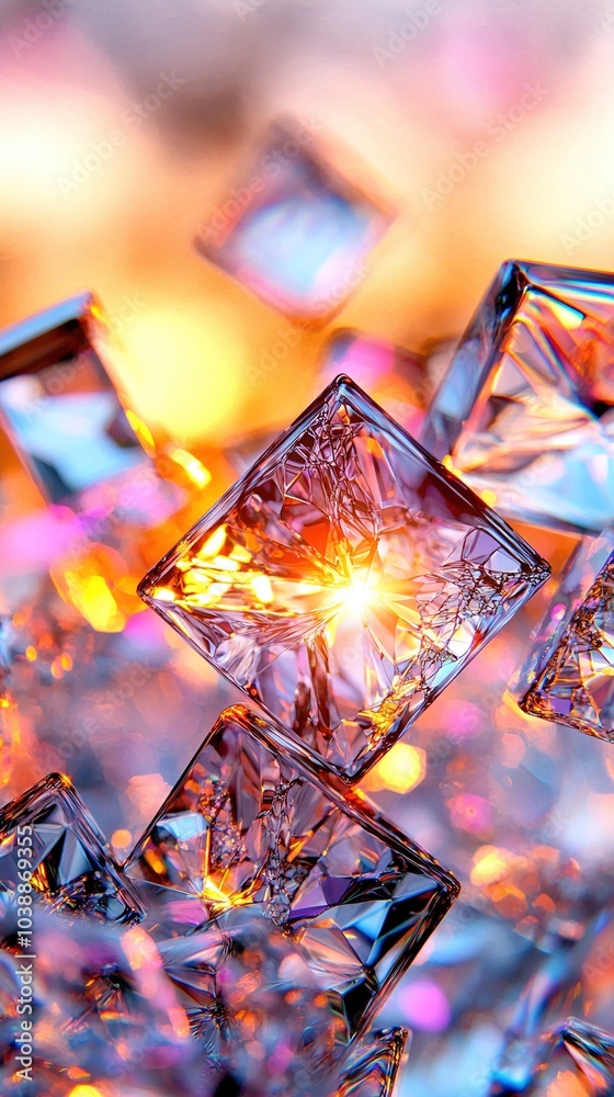 A close-up of a diamond-like object surrounded by smaller glass pieces, bathed in a yellow light A close-up of a diamond-like object surrounded by smaller glass pieces, bathed in a yellow light