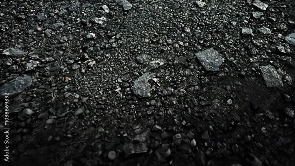 A close-up view of wet black pebbles, glistening after a recent rain shower A close-up view of wet black pebbles, glistening after a recent rain shower