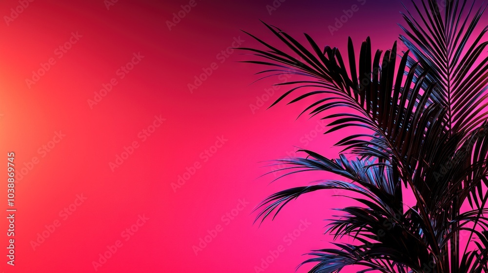 A palm tree is silhouetted against a pink-purple sky, with the sun at the center of the image A palm tree is silhouetted against a pink-purple sky, with the sun at the center of the image