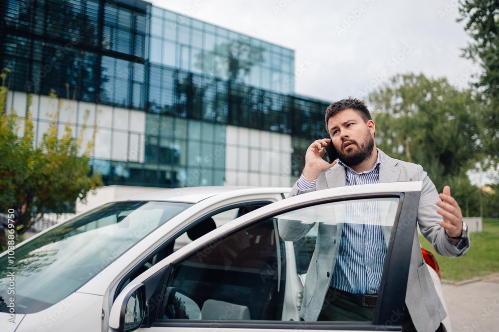 Businessman getting out of car and talking on phone Businessman getting out of car and talking on phone