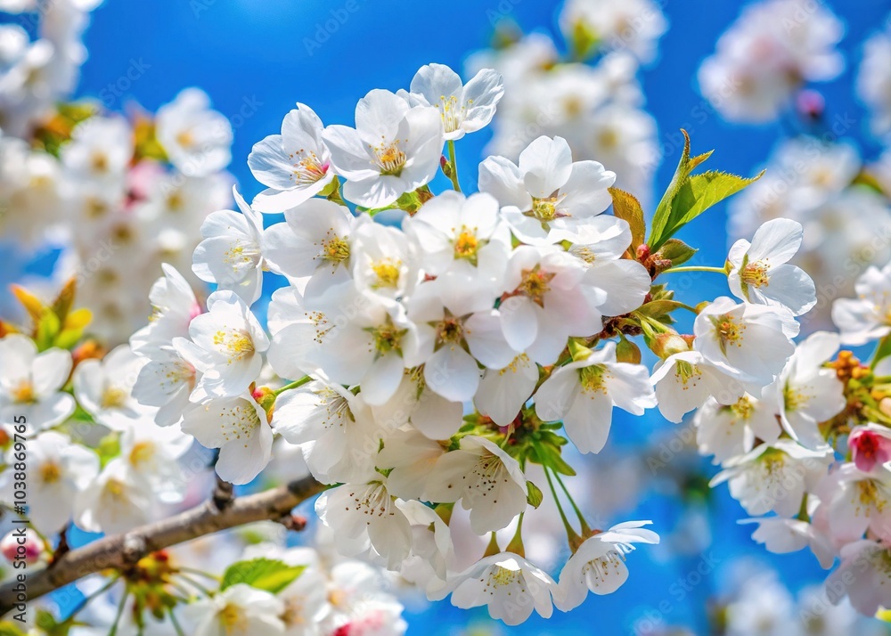 Delicate white cherry blossoms flourish in spring, contrasting beautifully with a vivid blue sky, creating a serene and picturesque scene of seasonal renewal and beauty. Delicate white cherry blossoms flourish in spring, contrasting beautifully with a vivid blue sky, creating a serene and picturesque scene of seasonal renewal and beauty.